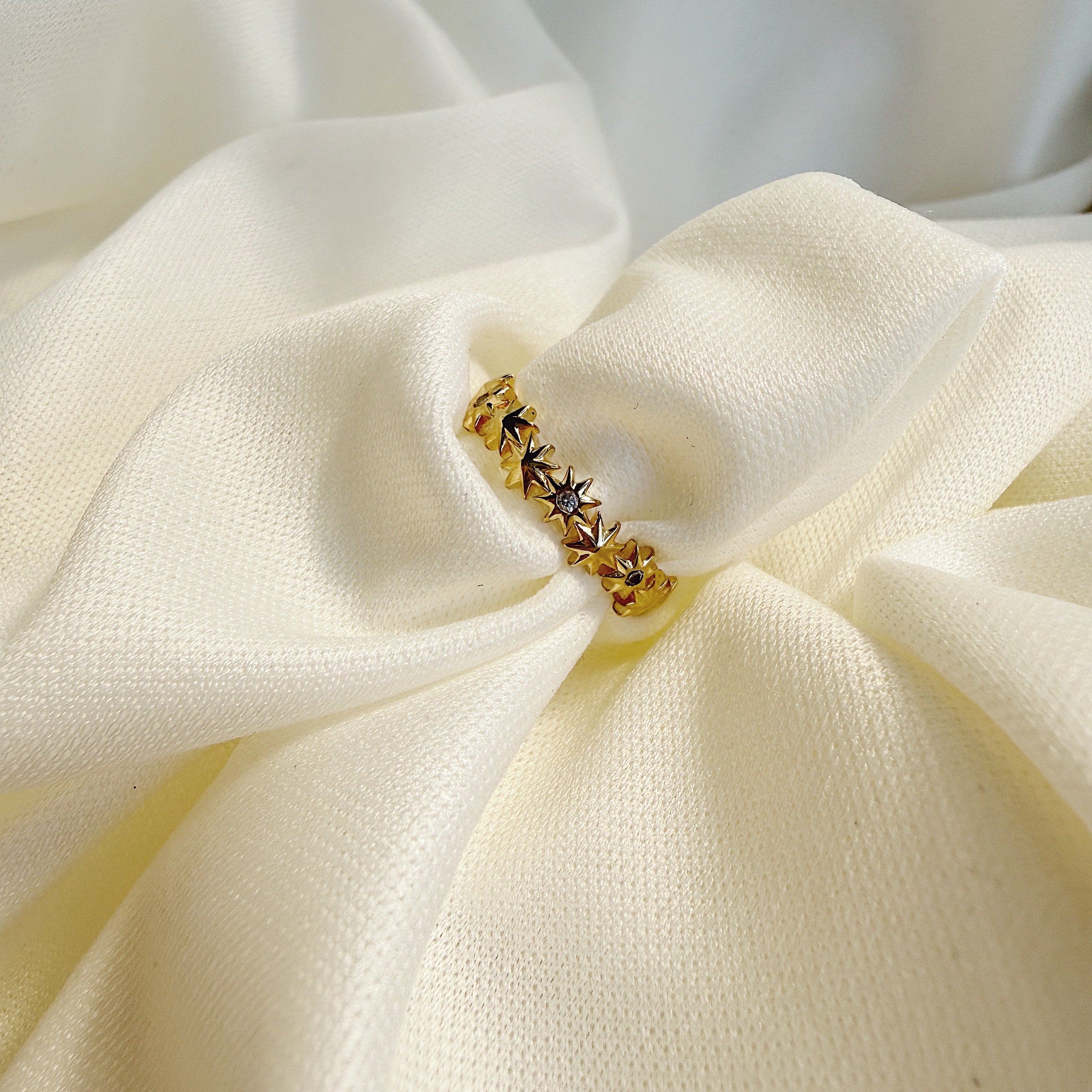 Close-up of a gold ring with a central gemstone on beige fabric.