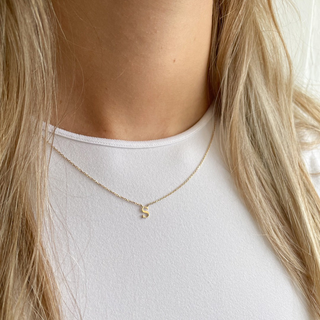 14K Solid Gold Baby Initial Necklace